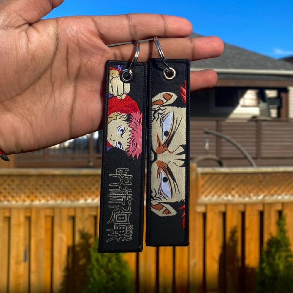 Anime Embroidered Keychain Strap – Double-Sided Black Fabric Accessory
